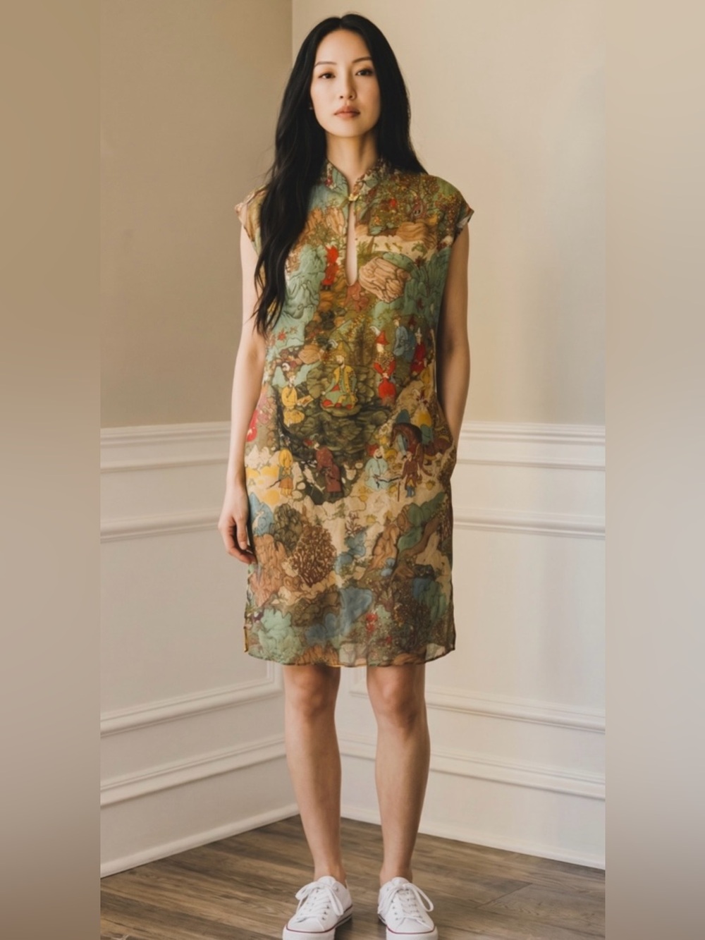 Dorothy Schoelen Platinum Shift Dress with Chinese Village Print Motif Size 10
